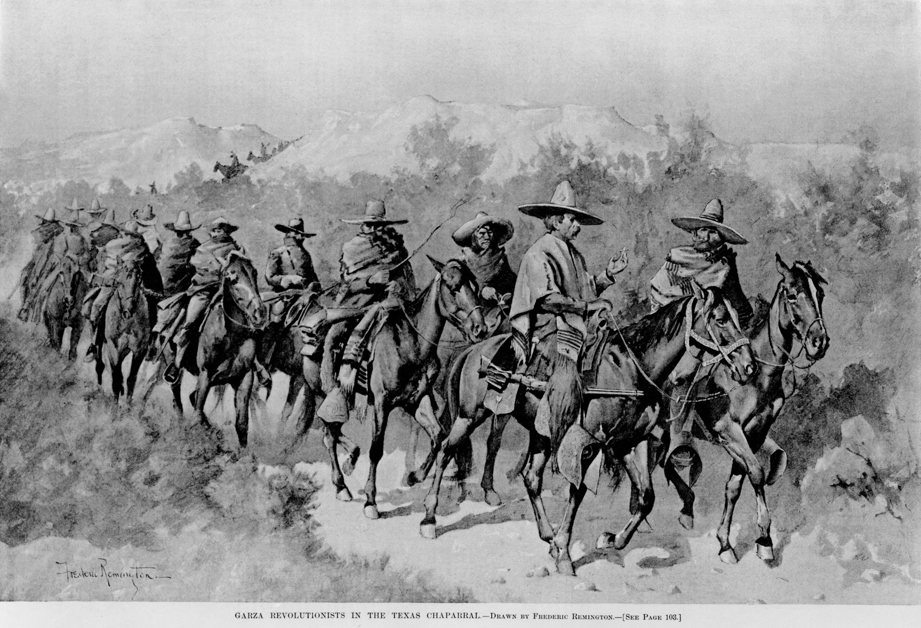 Garza revolutionists, lead by Catarino Garza, rose against Mexican dictator Porfirio Diaz, 1891. They attacked Mexican Army from camps in south Texas, and skirmished with both the US and Mexican. 1892 print of Frederick Remington drawing  (BSLOC_2016_13_6